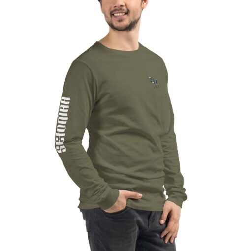 unisex long sleeve tee military green right front 62b95ad14a10b