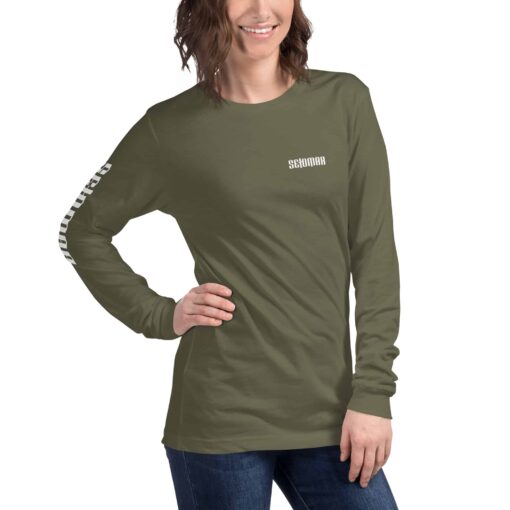 unisex long sleeve tee military green right front 637e0fce338d9